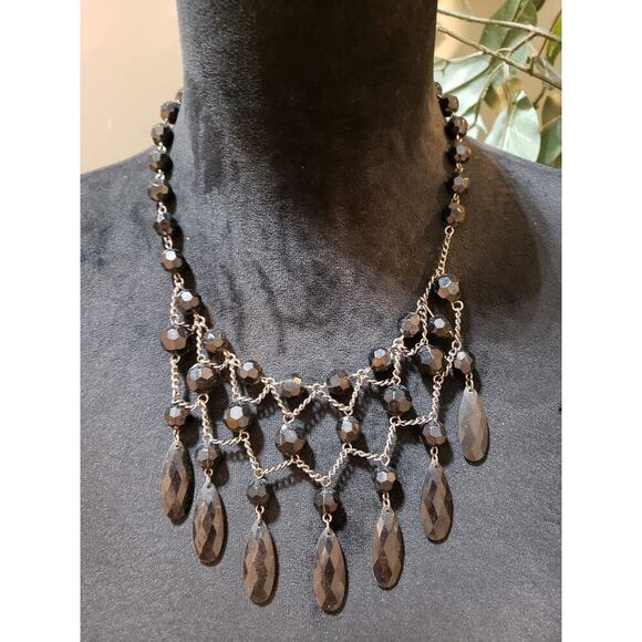 Womens Silver Tone Black Crystal Glass Beads Statement Necklace with Lobster - Picture 2 of 6